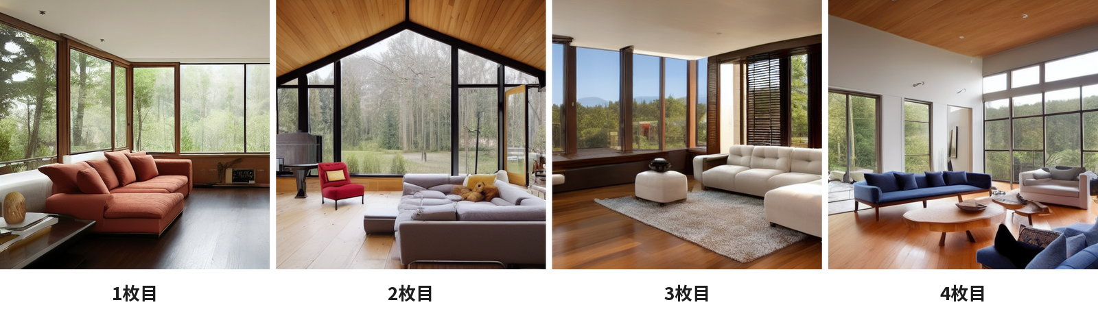 バッチサイズ4で作った4枚の居間の画像。4枚とも構図と家具が違う