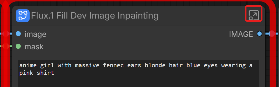 Flux.1 Fill Dev Image Inpainting のノード。名前の右端のボタンを赤い枠で囲んでいる