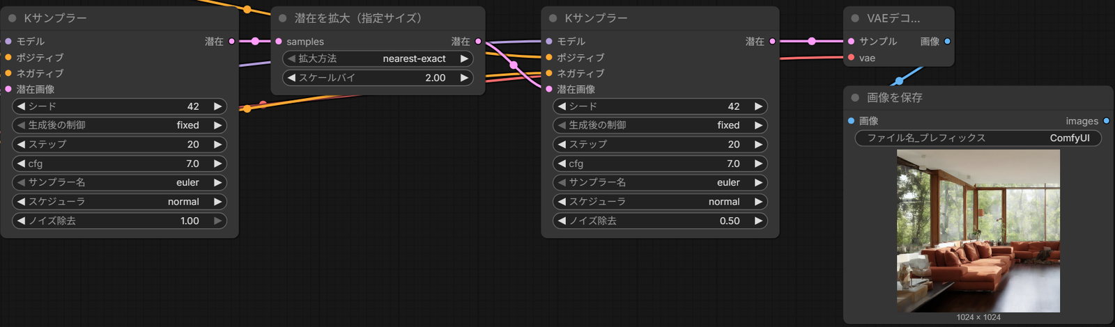 1つめのKサンプラー（ノイズ除去1.00）から潜在を拡大（指定サイズ）（スケールバイ2.00）を通り、2つめのKサンプラー（ノイズ除去0.50）から画像を保存につないだところ。保存した画像は1024×1024