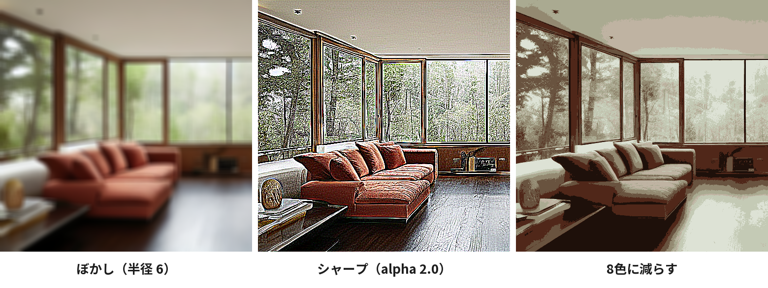 ぼかし（半径6）・シャープ（alpha 2.0）・8色に減らした3枚。ぼかしは全体がにじみ、シャープは木の葉や床の模様が強まり、8色は色が段になって分かれる