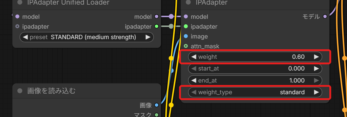 IPAdapter のノード。「weight」と「weight_type」の欄を赤い枠で囲んでいる