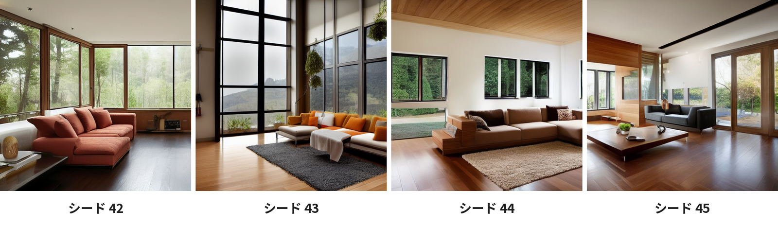 シードを42・43・44・45にして作った4枚の居間の画像。4枚とも構図と家具が違う