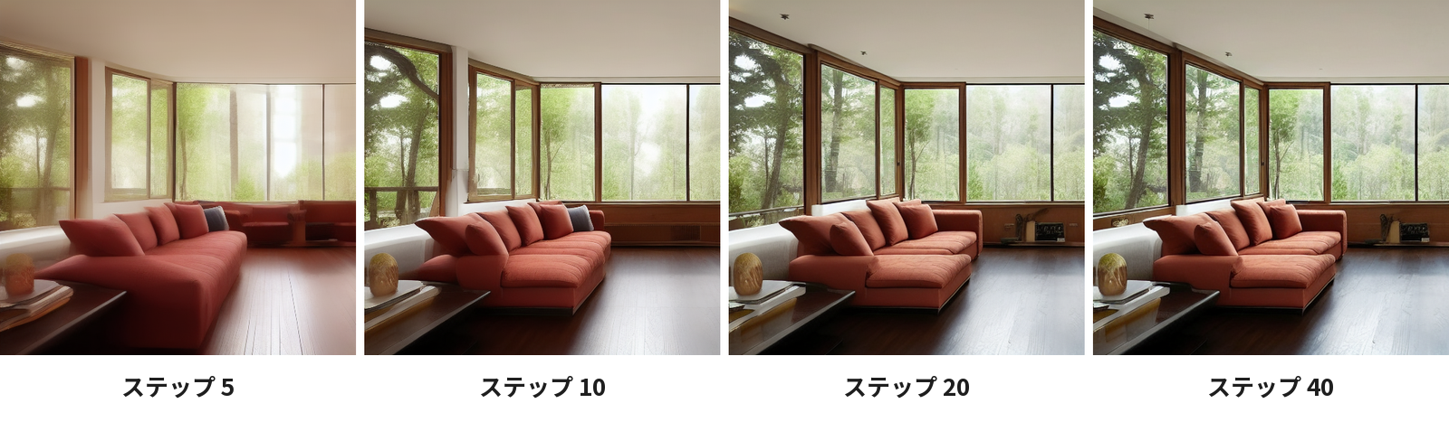 ステップ数を5・10・20・40にした4枚。5はぼやけ、10は窓の枠やソファの形が少し違い、20と40はほぼ同じ