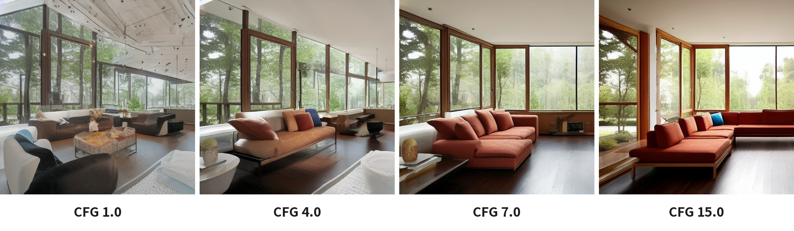 CFGを1.0・4.0・7.0・15.0にした4枚。1.0・4.0・15.0は7.0と構図が変わり、15.0は色が濃くはっきりする