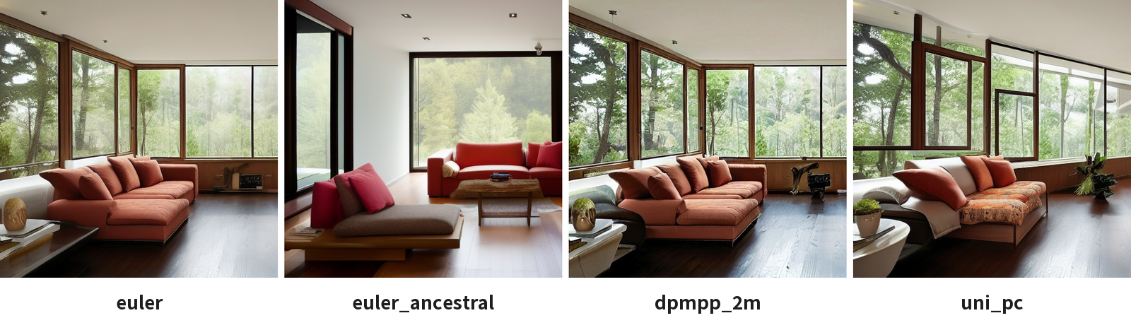 サンプラーをeuler・euler_ancestral・dpmpp_2m・uni_pcにした4枚。euler_ancestralとuni_pcは構図が変わる