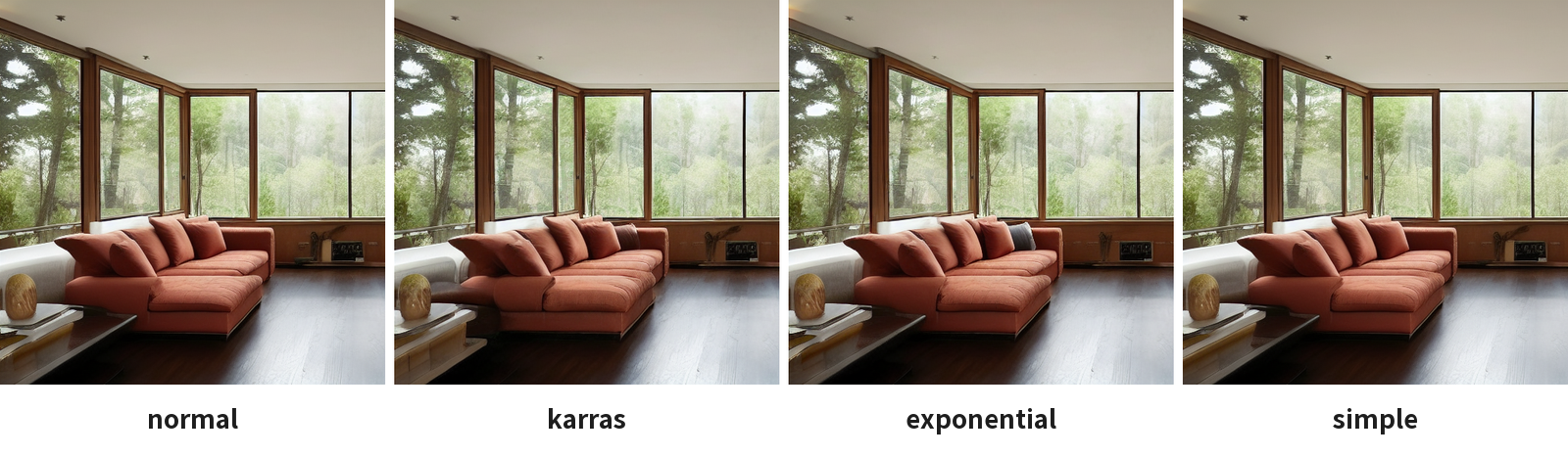 スケジューラをnormal・karras・exponential・simpleにした4枚。4枚ともほぼ同じ画像