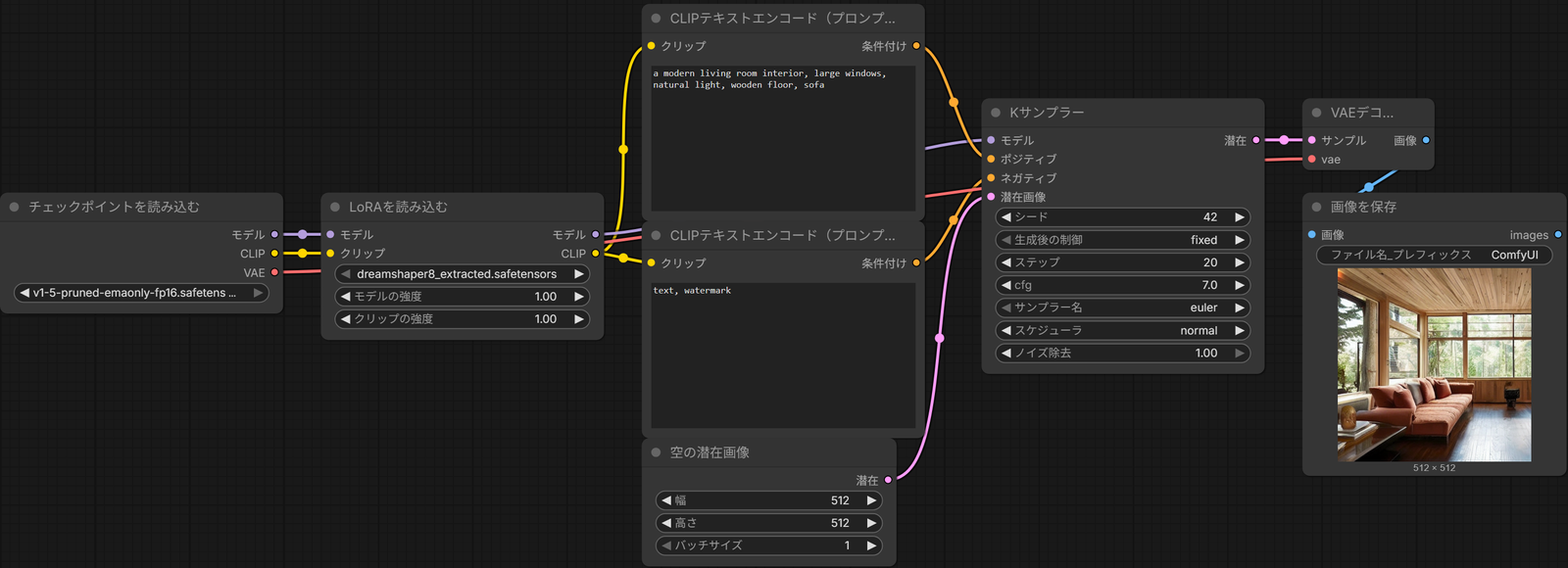 チェックポイントを読み込むから、LoRAを読み込む(dreamshaper8_extracted・モデルの強度1.00・クリップの強度1.00)を通り、2つのCLIPテキストエンコードとKサンプラーにつないだワークフロー
