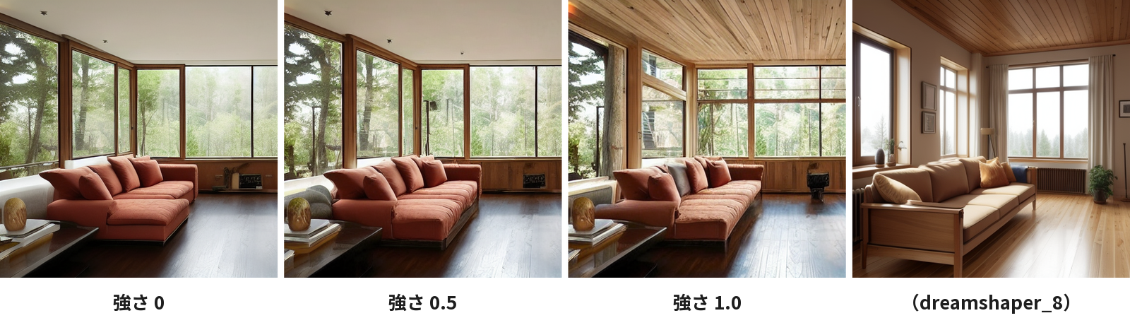 LoRAの強さを0・0.5・1.0にした3枚と、dreamshaper_8で作った1枚。0.5はソファや窓の形が変わり、1.0は天井が木の板になる