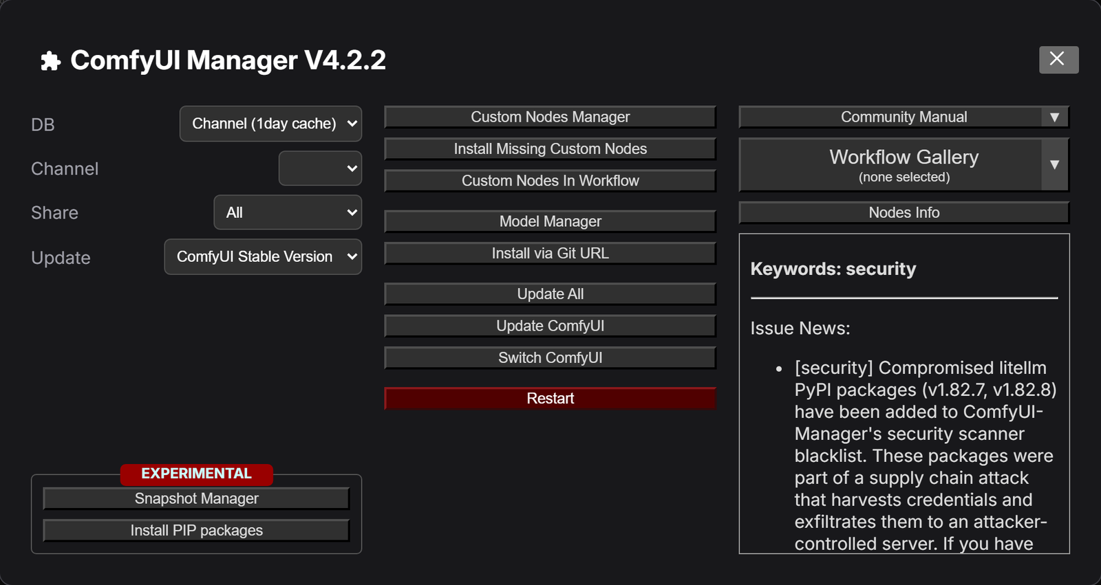 旧画面のComfyUI Manager V4.2.2。Custom Nodes Manager・Install Missing Custom Nodes・Install via Git URL・Update All・Restartなどのボタンと、左下にSnapshot Managerがある