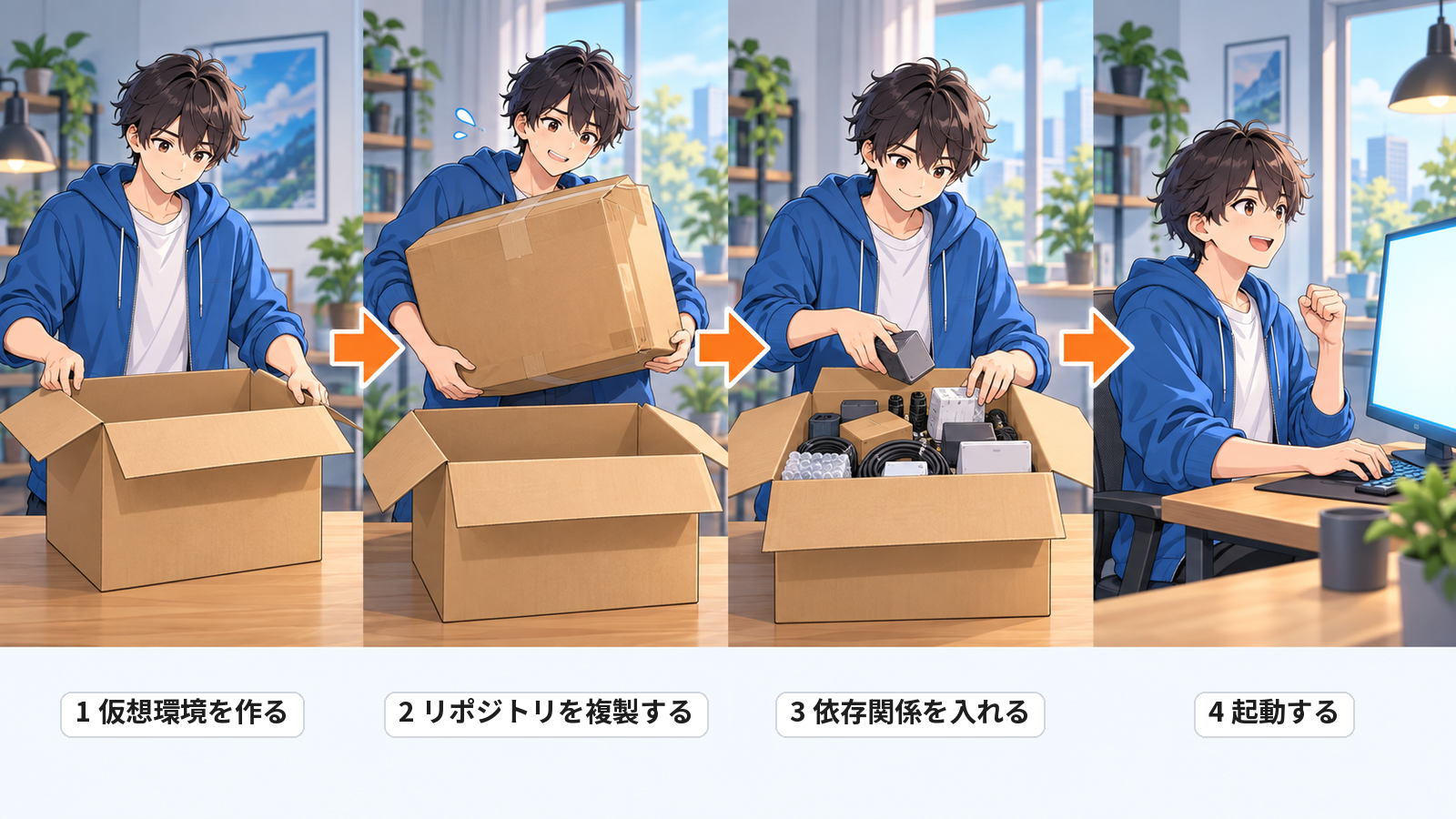 手動インストールの4つの手順。仮想環境を作る → リポジトリを複製する → 依存関係を入れる → 起動する