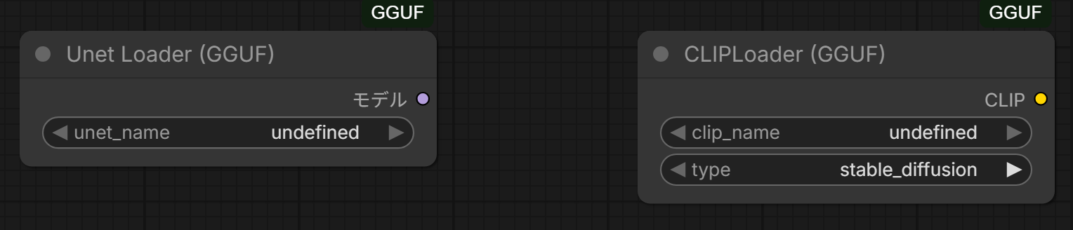 Unet Loader (GGUF)とCLIPLoader (GGUF)のノード。どちらにもGGUFの札が付き、unet_nameとclip_nameの欄はundefined