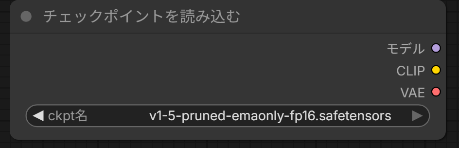 チェックポイントを読み込むのノード。右にモデル・CLIP・VAEの3つの出力、下のckpt名の欄にv1-5-pruned-emaonly-fp16.safetensors