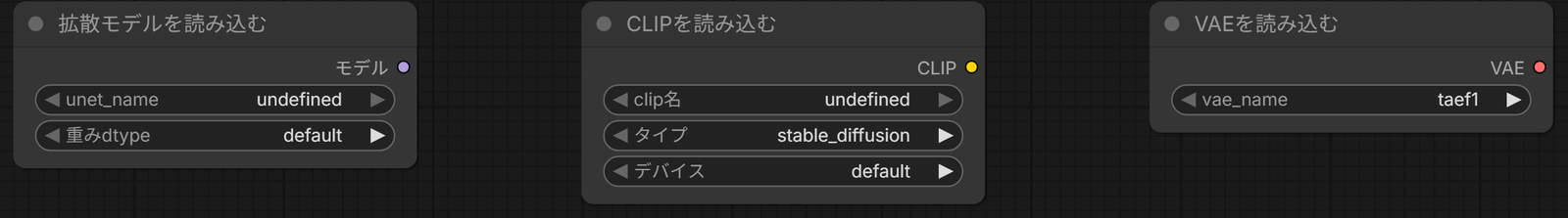 拡散モデルを読み込む・CLIPを読み込む・VAEを読み込むの3つのノード。unet_nameとclip名はundefined、vae_nameはtaef1