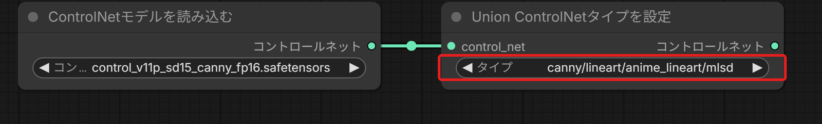 ControlNetモデルを読み込むと、Union ControlNetタイプを設定をつないだところ。「タイプ」の欄を赤い枠で囲んでいる