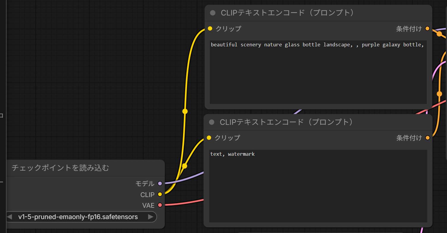 チェックポイントを読み込むノードから、2つのCLIPテキストエンコードのノードへ黄色の線がつながっている