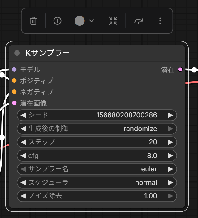 Kサンプラーを選んだところ。ノードの上に、ごみ箱・情報・色などのボタンが並んだ列が出ている