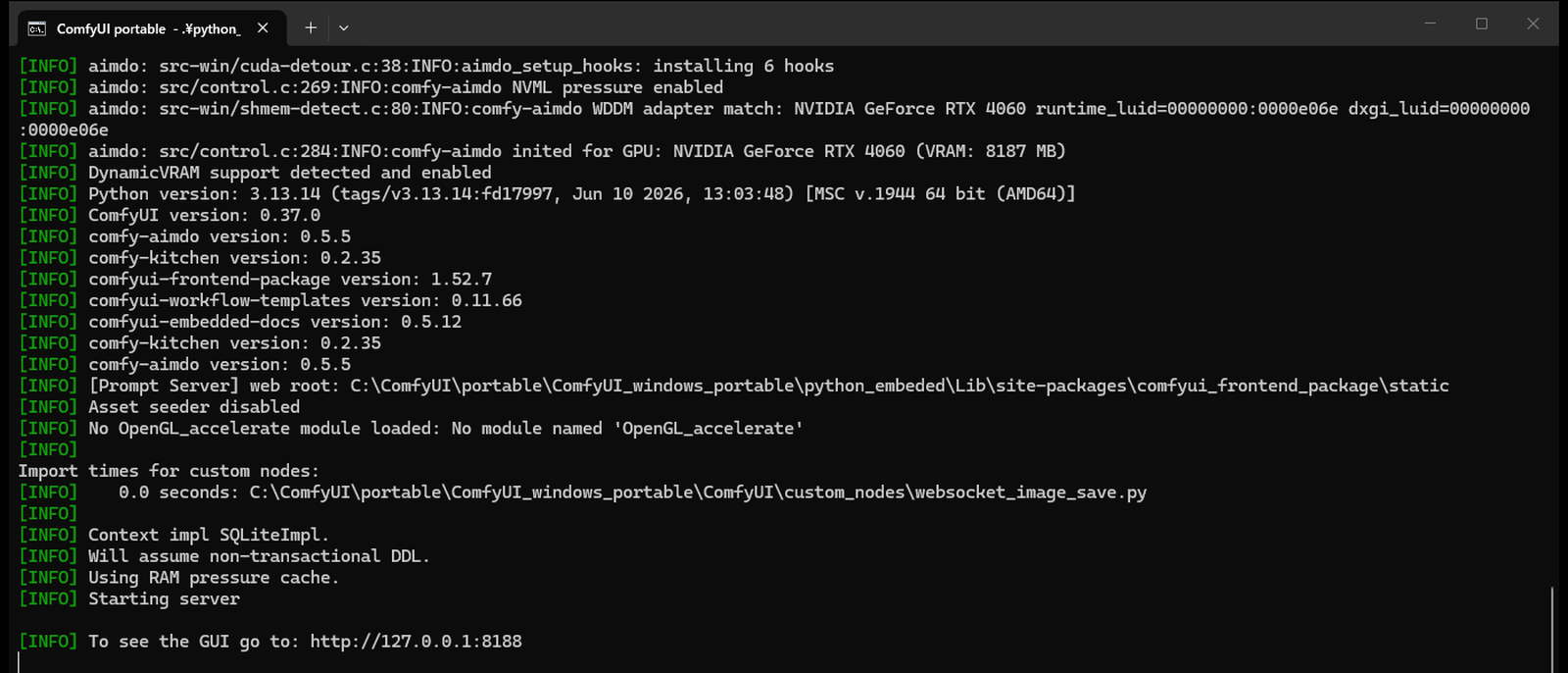 ポータブル版を起動したコマンドの窓。GPU の名前・Python と ComfyUI の版・To see the GUI go to の行が出ている