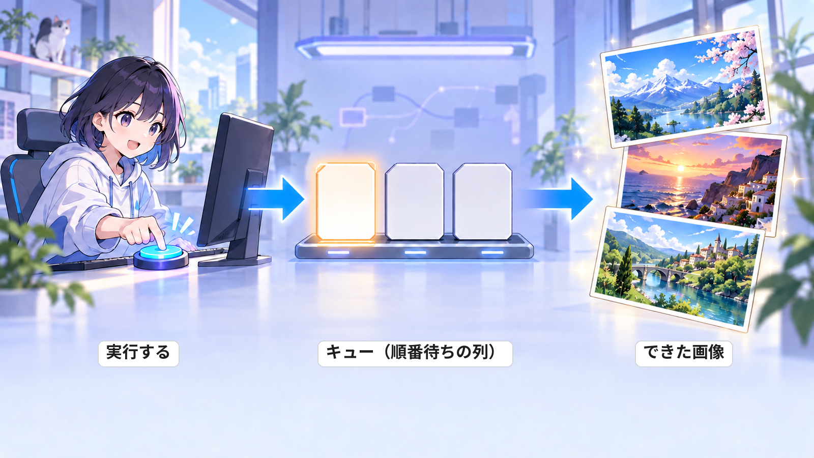 左で人が実行のボタンを押し、真ん中に順番を待つ3枚の札が並び、右にできた画像が3枚ある
