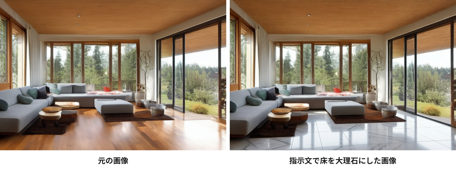 左が元の居間の画像、右がプロンプトで床を大理石にした画像