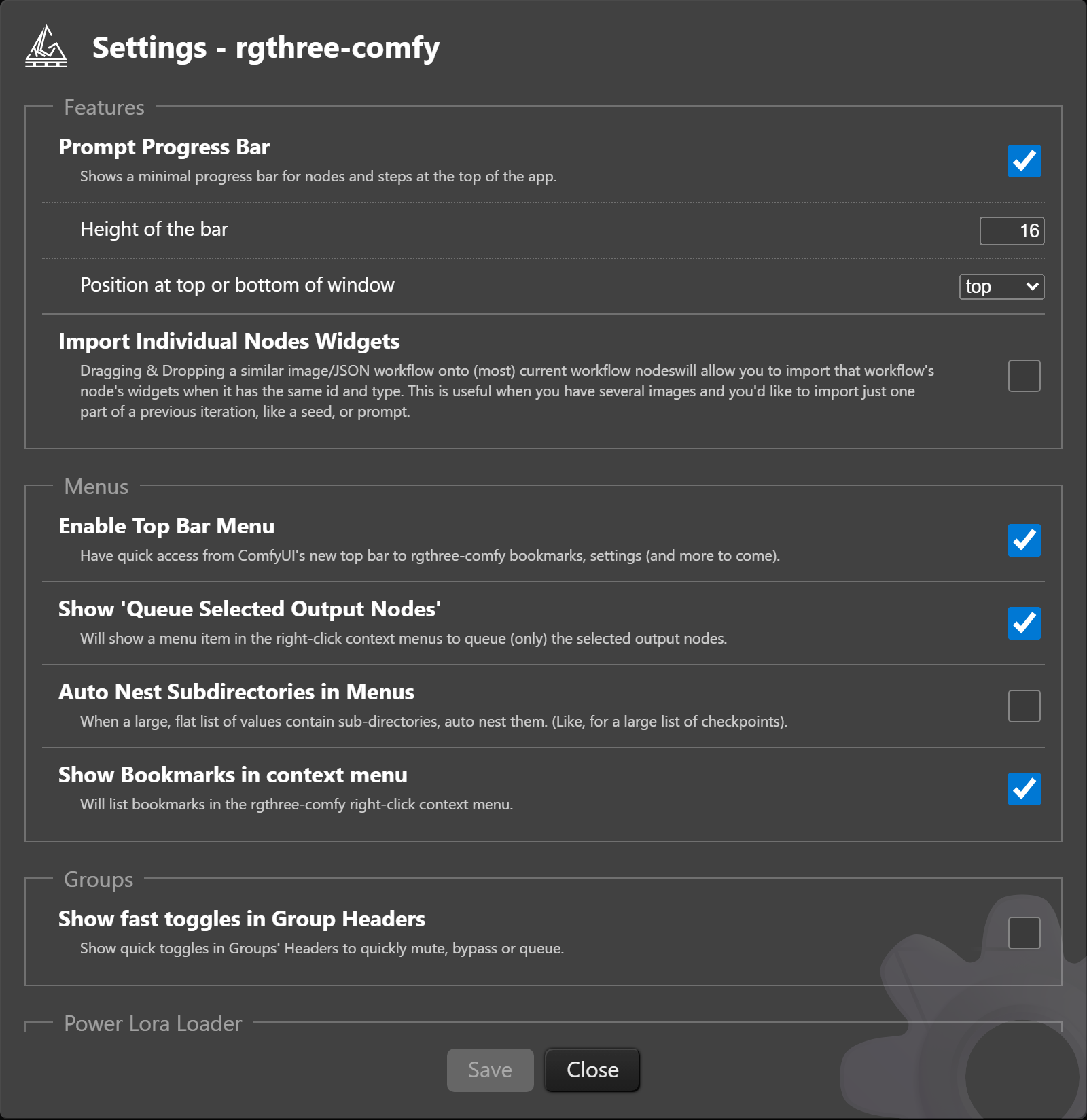 Settings - rgthree-comfyの画面。Features・Menus・Groupsの分類に、Prompt Progress Barなどの項目とチェックの欄が並ぶ