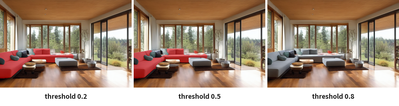 threshold を 0.2・0.5・0.8 にして、見つかった所を赤く重ねた画像