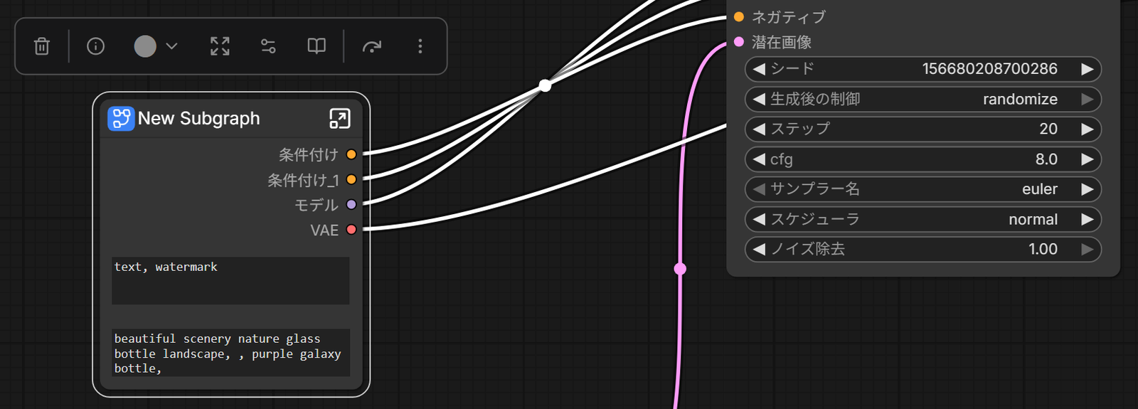 New Subgraphのノードを選んだところ。上にサブグラフ用のボタンが並んだツールボックス、ノードには条件付け・条件付け_1・モデル・VAEの出力と2つのプロンプトの欄がある