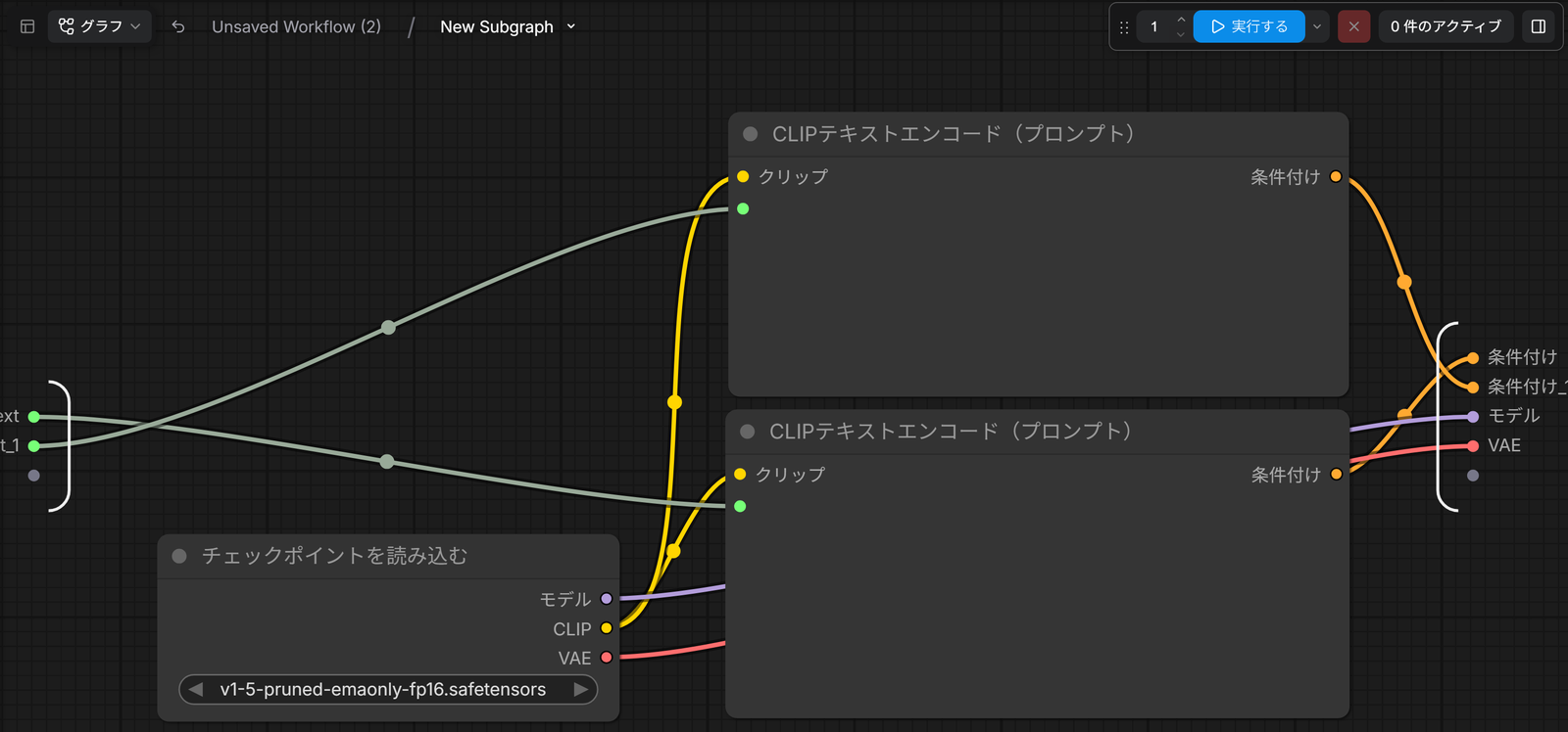 サブグラフの中に入ったところ。上にUnsaved Workflow (2) / New Subgraphの道順、左に入力の口、右に出力の口、中に3つのノード