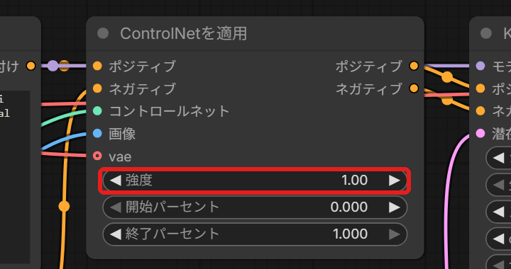 ControlNetを適用のノード。「強度」の欄を赤い枠で囲んでいる