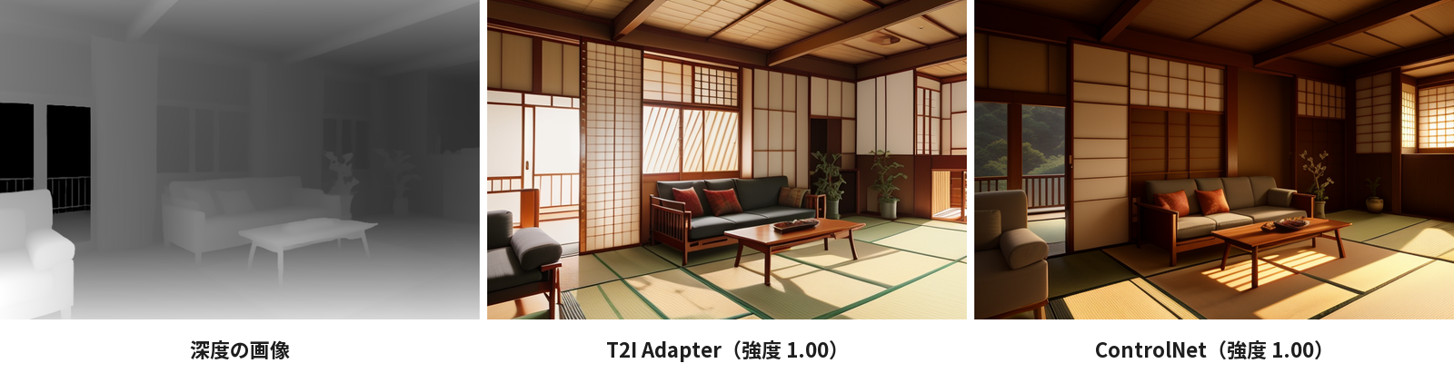 深度の画像と、T2I Adapter と ControlNet で作った和室の並び