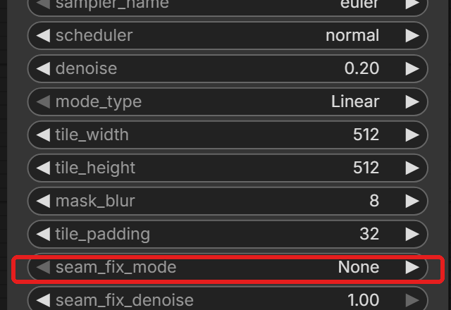 Ultimate SD Upscale のノード。「seam_fix_mode」の欄を赤い枠で囲んでいる