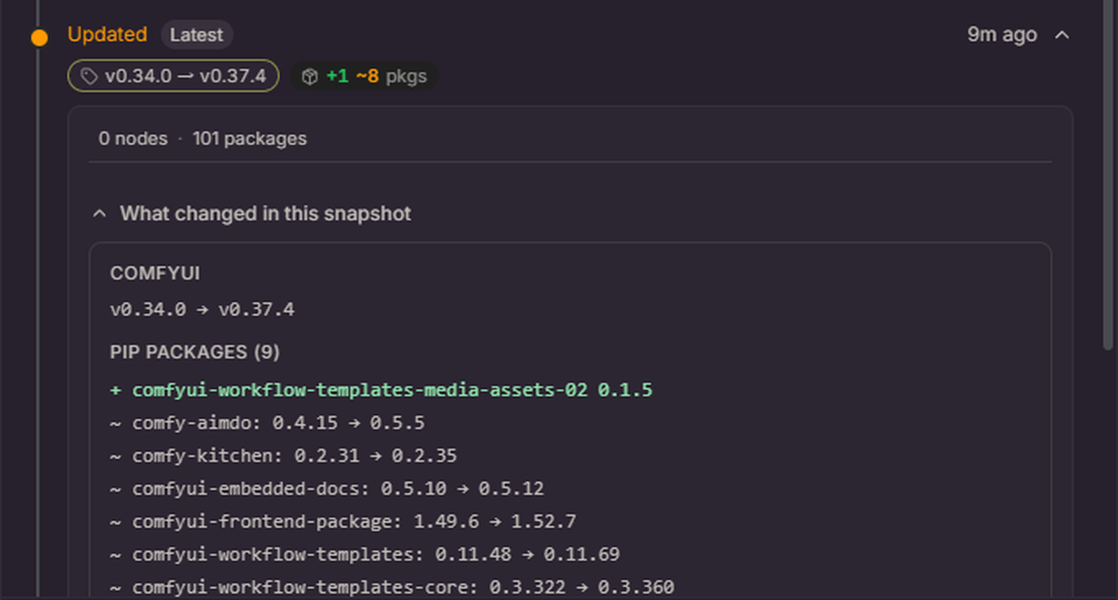 更新で変わったものの表示。ComfyUI の版と、変わったパッケージの一覧の上の7つ