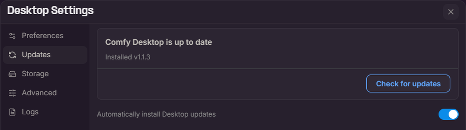 Desktop Settings の Updates タブ
