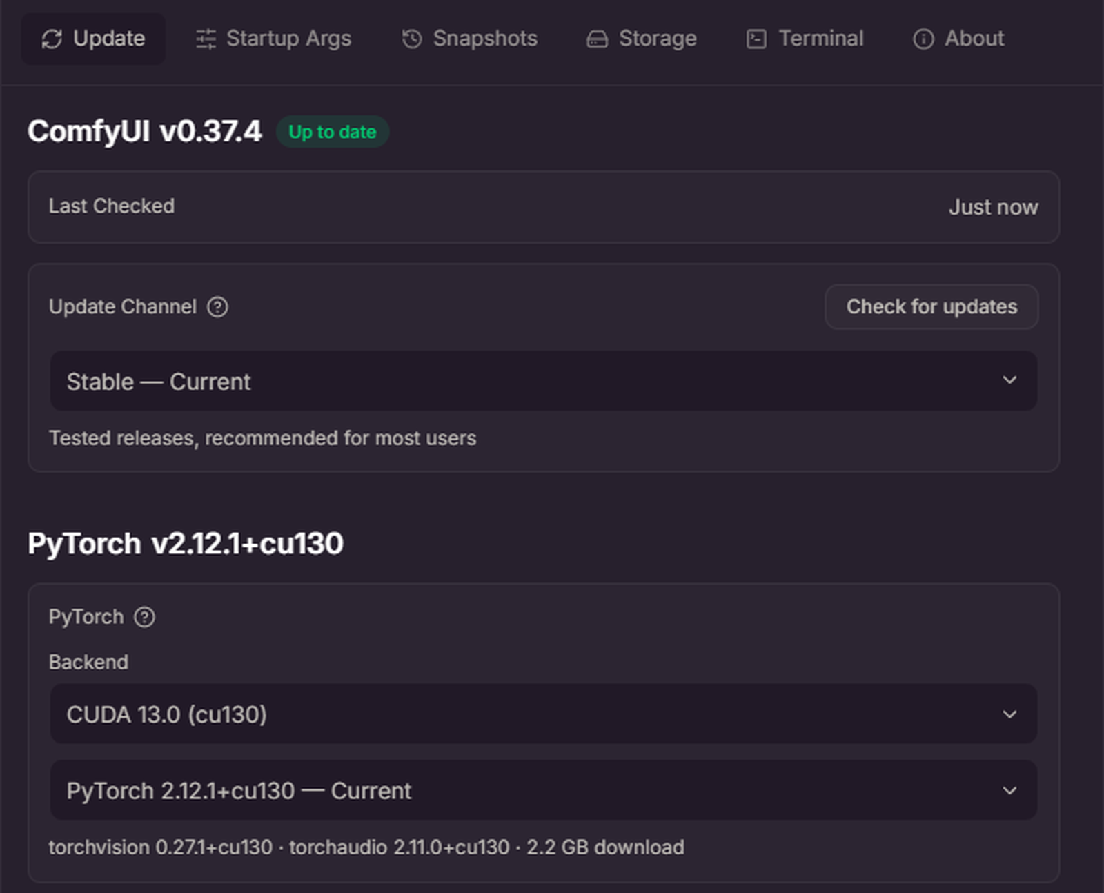 Manage パネルの Update タブ。Update Channel と PyTorch の欄