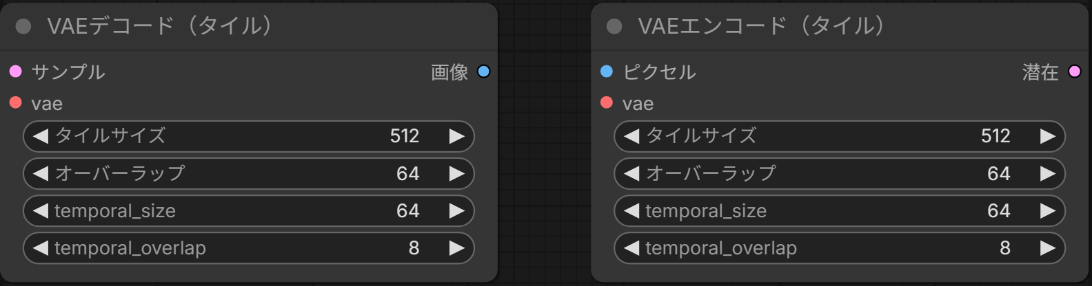 VAEデコード（タイル）とVAEエンコード（タイル）のノード。タイルサイズ512・オーバーラップ64・temporal_size 64・temporal_overlap 8の欄がある