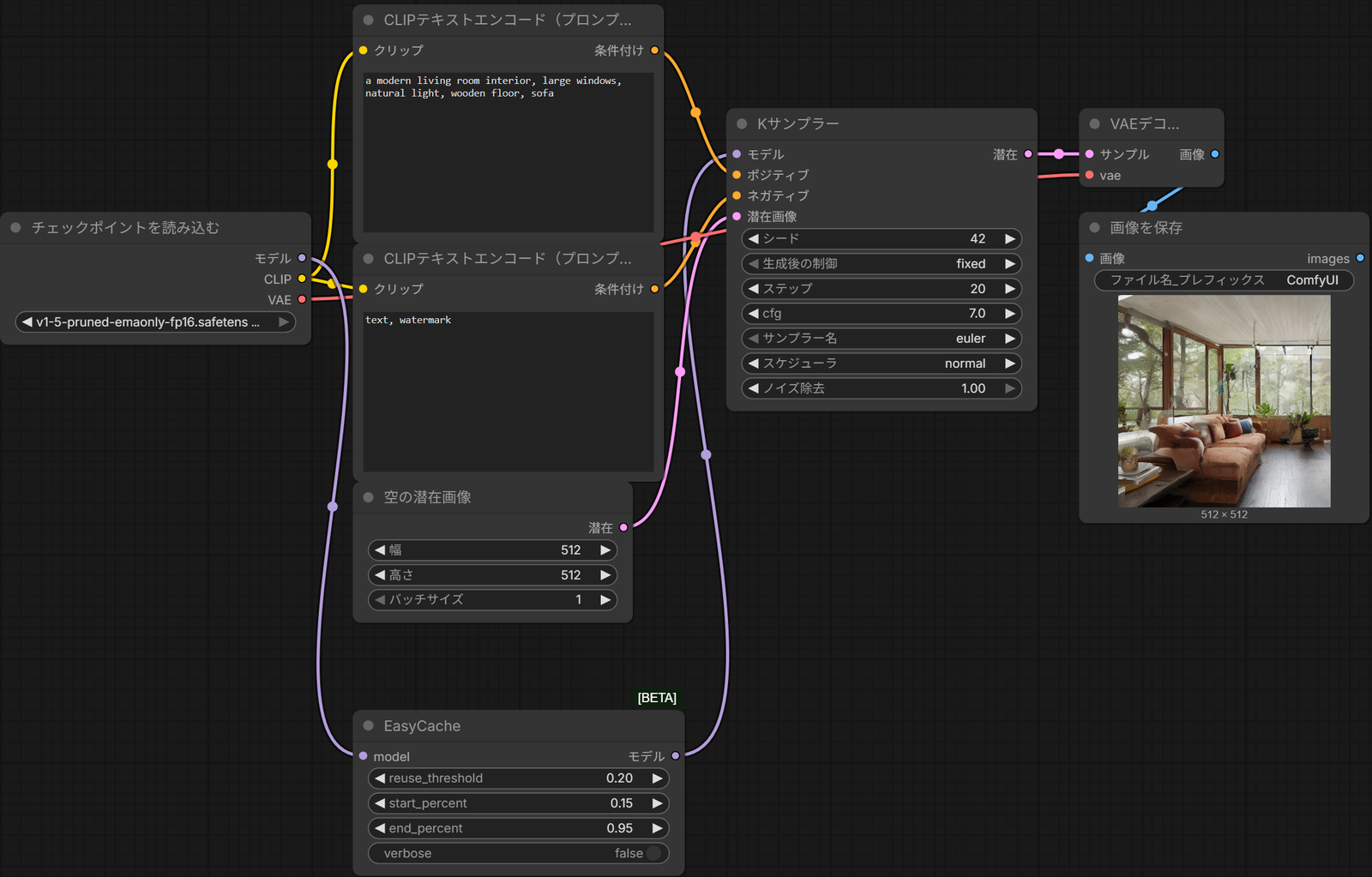 チェックポイントを読み込むのモデルからEasyCache（reuse_threshold 0.20・start_percent 0.15・end_percent 0.95・verbose false）を通り、Kサンプラーのモデルにつないだワークフロー