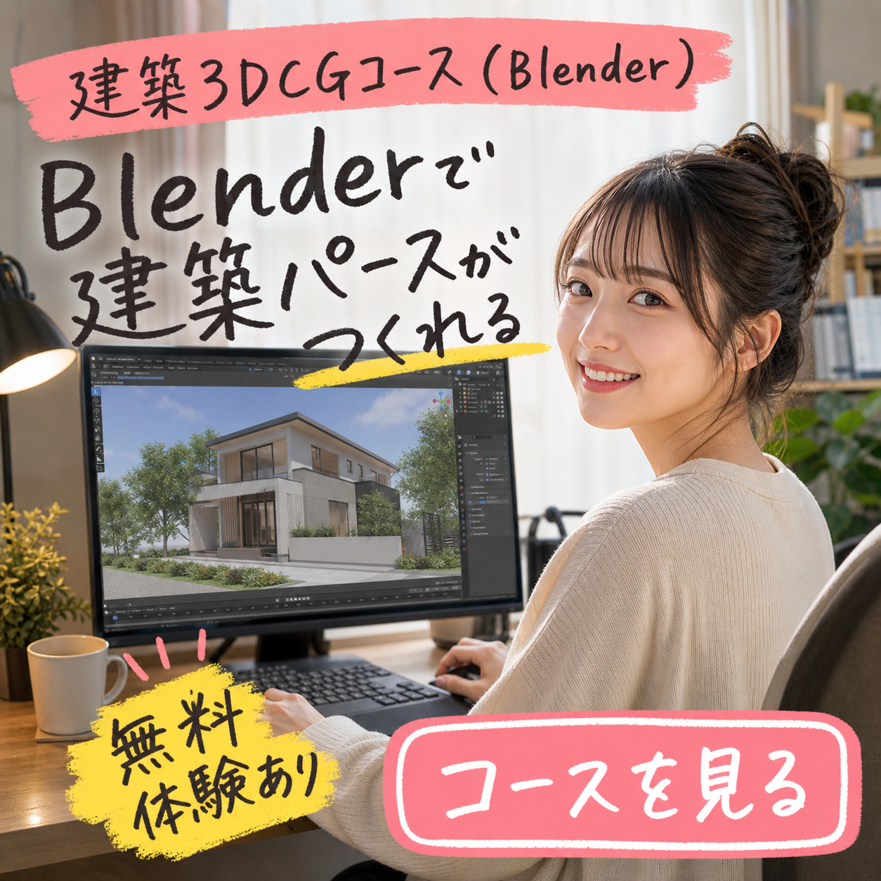 建築3DCGコース（Blender）の正方形バナー。「Blenderで建築パースがつくれる」無料体験あり。