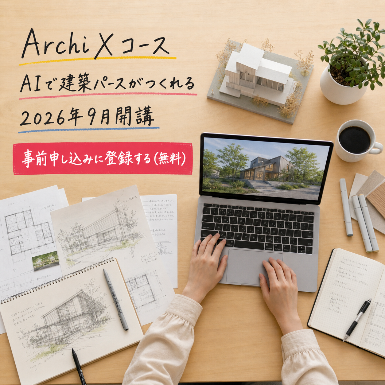 ArchiXコースの正方形バナー。「AIで建築パースがつくれる」2026年9月開講。