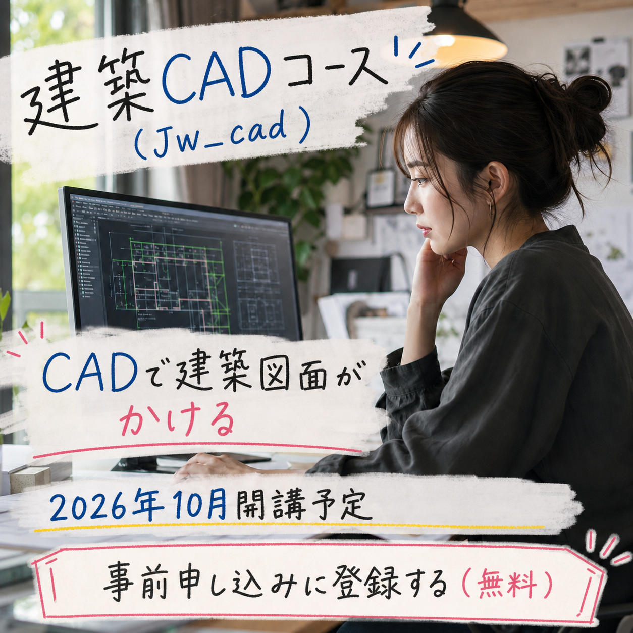 建築CADコース（Jw_cad）の正方形バナー。「CADで建築図面がかける」2026年10月開講予定。