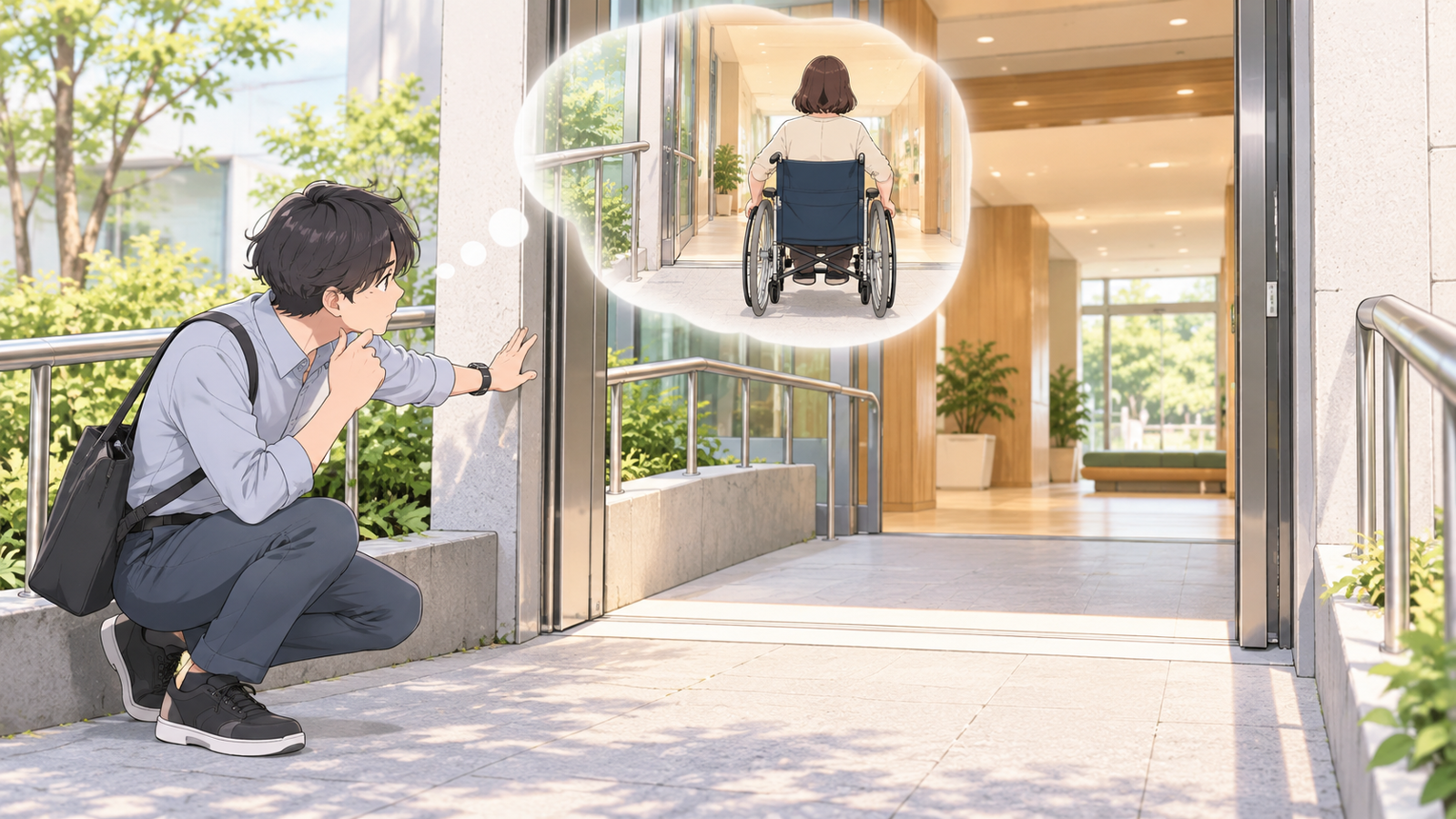 施設の入口のスロープの前で、若い設計者が車椅子の人の動きを思い浮かべながら、入口の幅を見ている場面