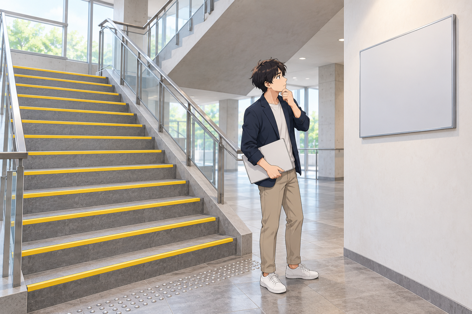 施設の階段の下で、若い設計者が段の端の色と、壁の案内板を見比べている場面