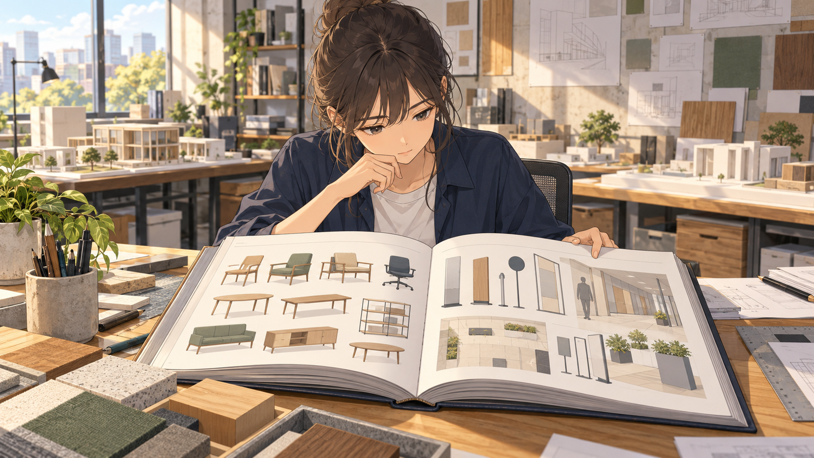 設計事務所の机で、若い設計者が厚い設計の手引きの資料を開き、家具とサインのページを読んでいる場面