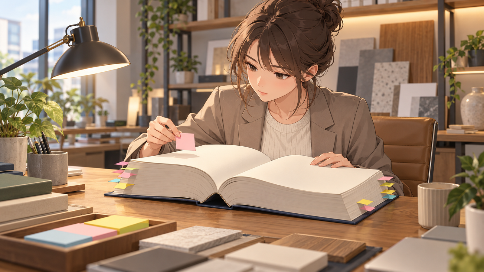インテリアの事務所の机で、若い担当が分厚い法令集を開き、付箋を貼りながら読んでいる場面
