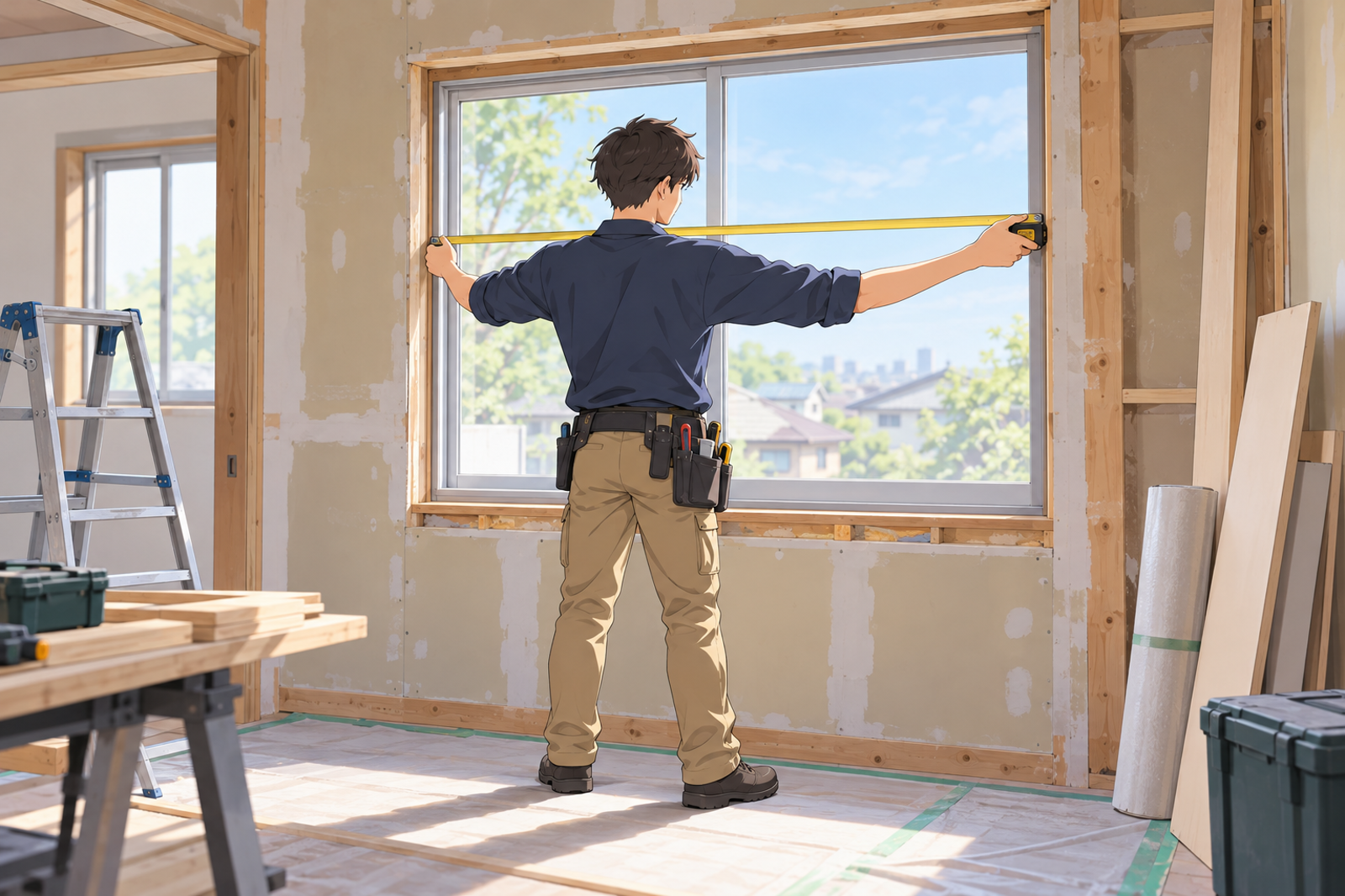 住宅の改装中の部屋で、若い担当が窓の前にメジャーを当てて、窓の幅を測っている場面