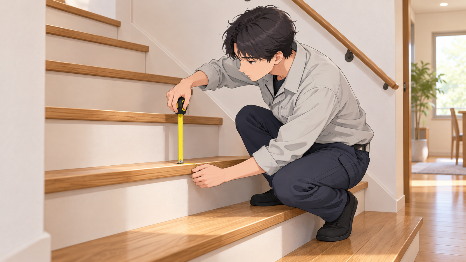 住宅の階段の途中で、若い担当がしゃがんで、段の高さにメジャーを当てている場面