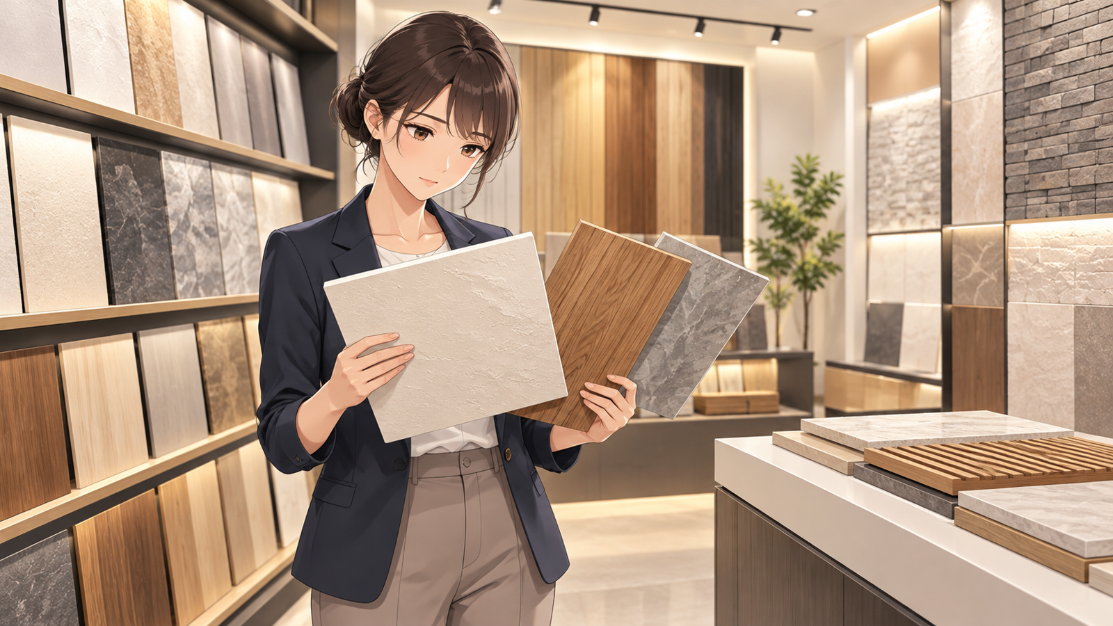 内装材のショールームで、若い担当が壁の仕上げ材の見本を何枚か手に取って見比べている場面