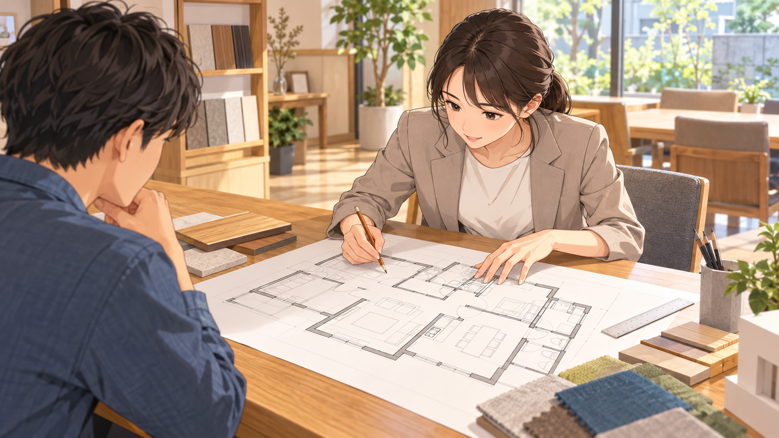 住宅の打合せの机で、若い担当が間取り図の部屋ごとに窓と天井の高さを書き込んで確かめている場面