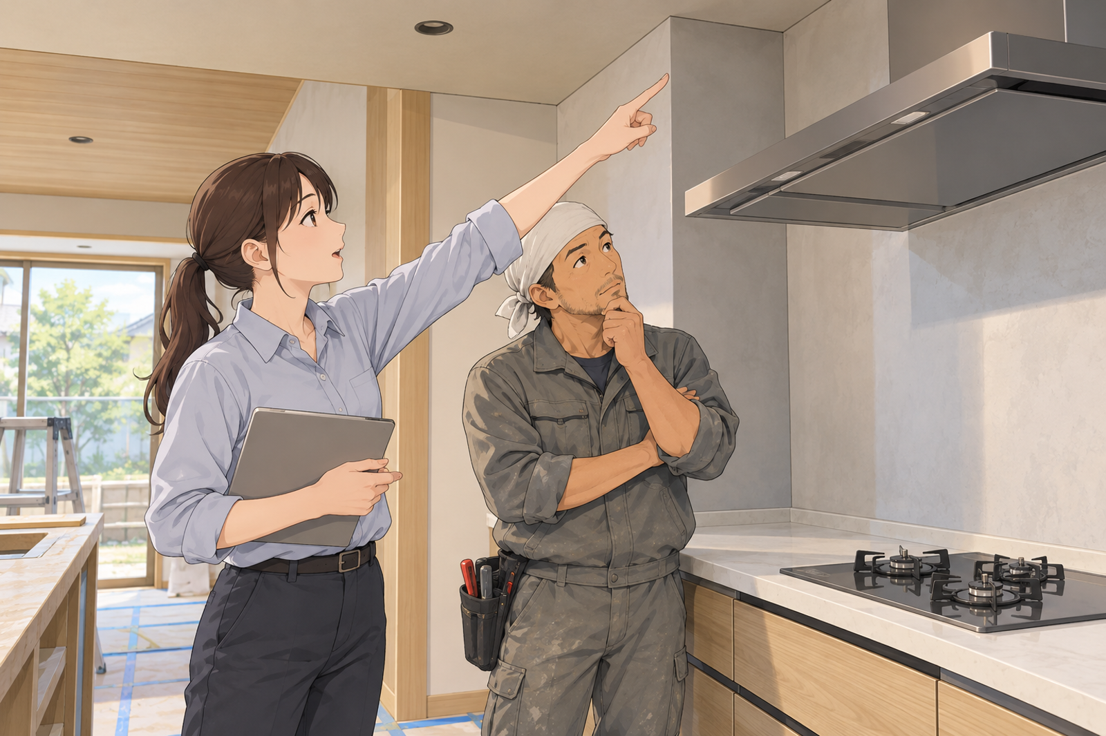住宅のキッチンで、若い担当がこんろの横の壁と天井を指さしながら、職人と仕上げの話をしている場面