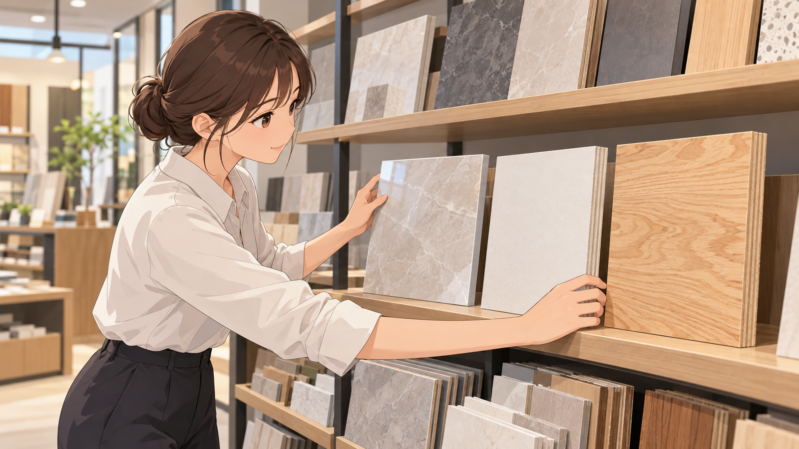 内装材のショールームの棚で、若い担当がタイル・せっこうボード・合板の見本を並べて見比べている場面
