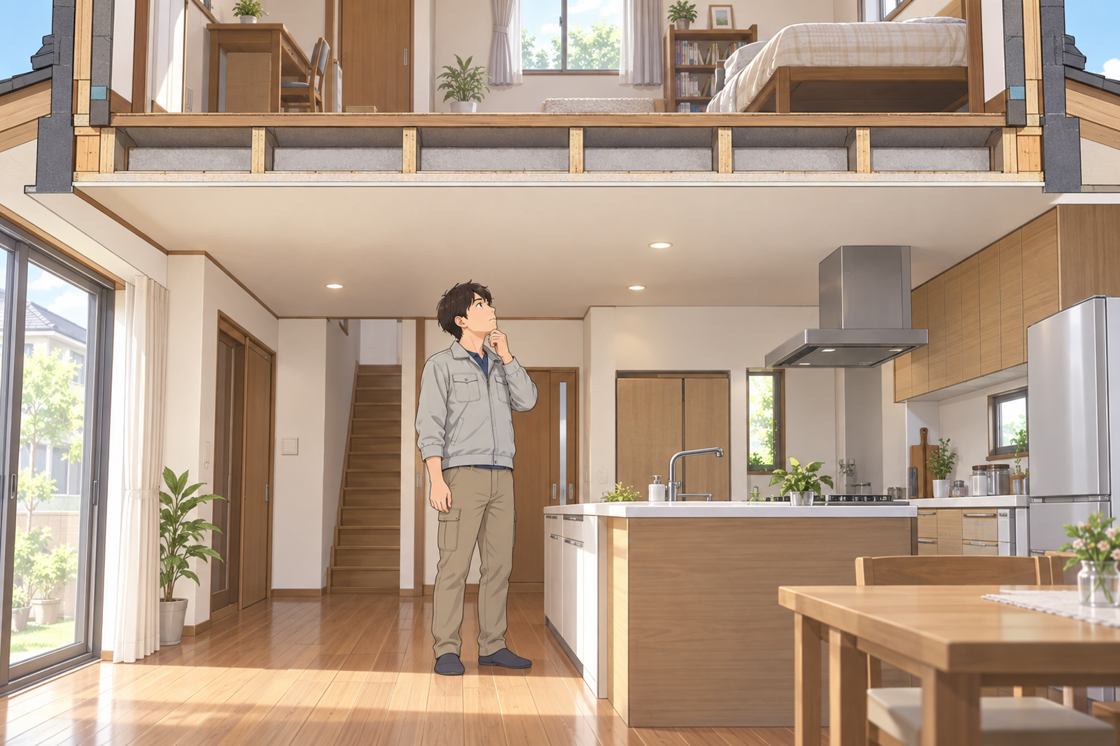 2階建ての住宅の1階のキッチンで、若い担当が天井を見上げて、上に2階の部屋があることを確かめている場面