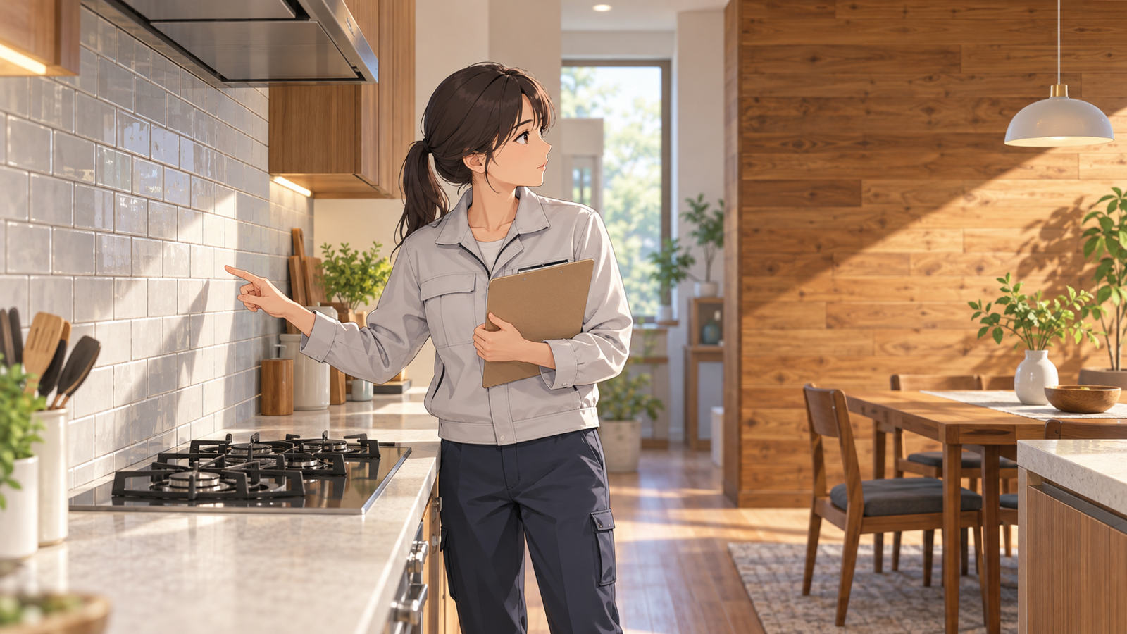 住宅のキッチンで、こんろの奥の壁に張られたタイルと、離れた所の木の壁を、若い担当が見比べている場面